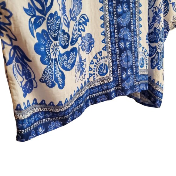 Umgee Floral Border Pattern Round Neck Short Sleeves Oversized Blouse Blue  L - Picture 14 of 14